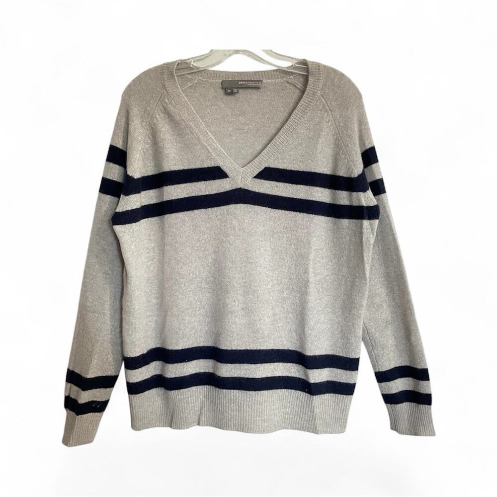 360 Cashmere Sweater Mens Medium Gray Blue Stripe V Neck Pullover Academic